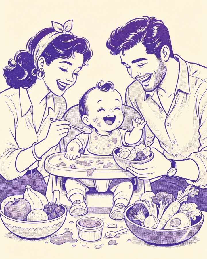 Ilustración retro: mamá y papá le dan de comer a su bebé entre frutas y verduras