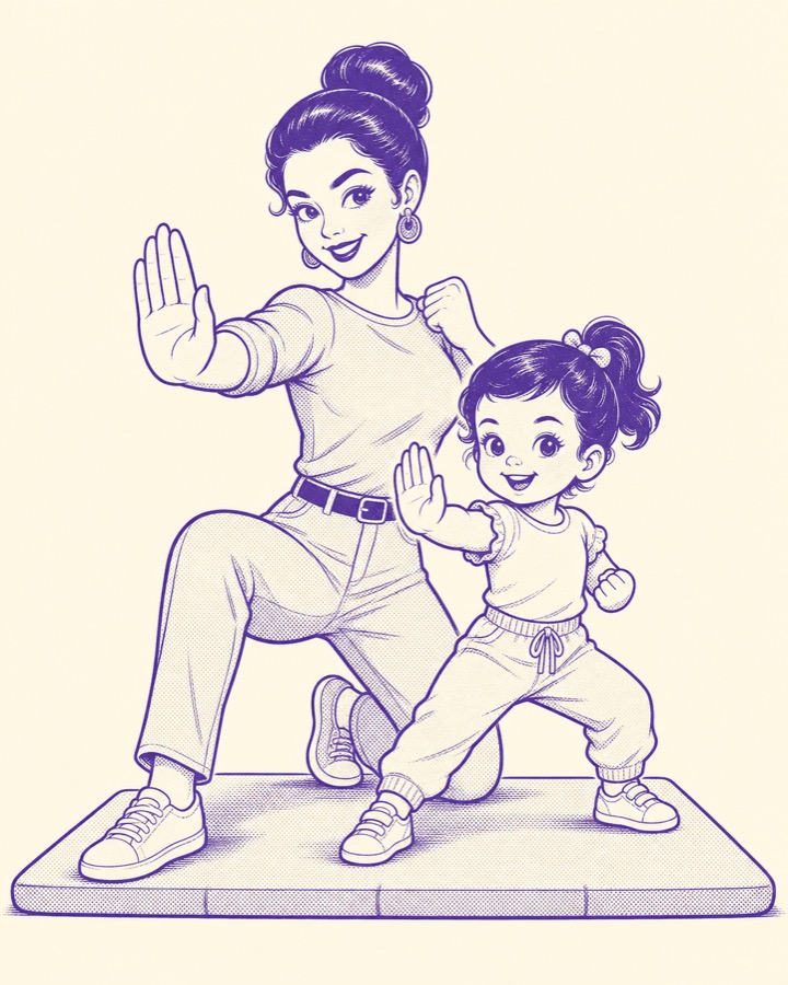 Ilustración retro del curso de defensa personal para mamás y niñas