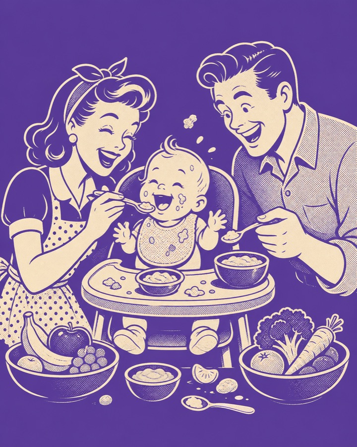 Ilustración retro: mamá y papá dan de comer a su bebé en la silla alta, con fruta y verdura en la mesa