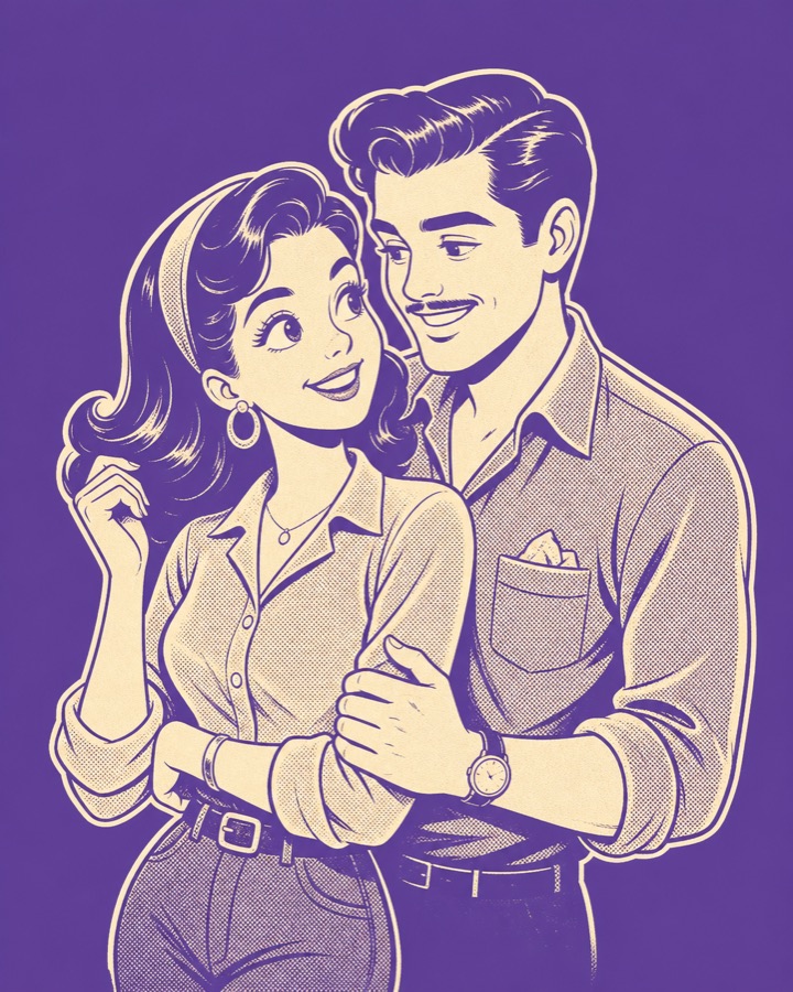 Ilustración retro de una pareja abrazada y sonriente