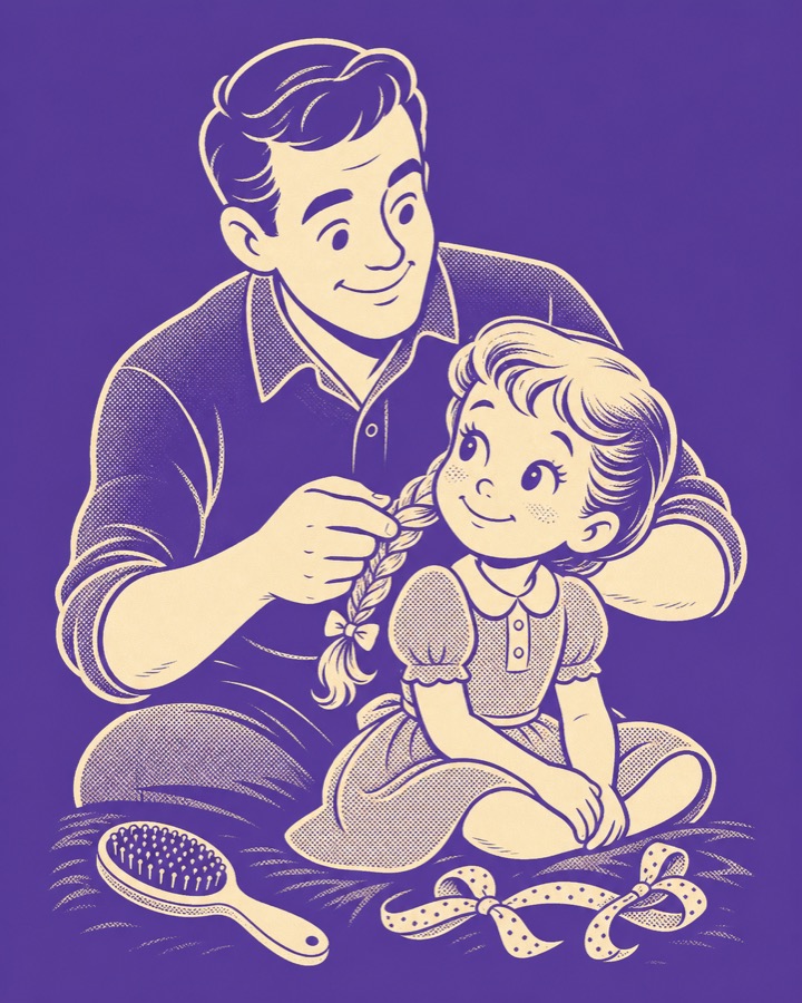 Ilustración retro: un papá le hace una trenza a su hija, con cepillo y moños en el piso