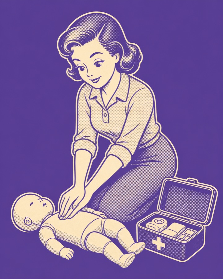 Ilustración retro: una mamá practica RCP en un muñeco de bebé junto a un botiquín